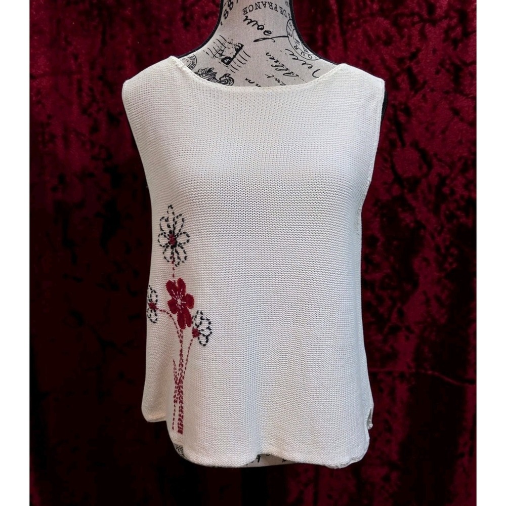 Norton Petites PXL Sweater Vest Knit Tank Top Floral Embroidered Cottagecore